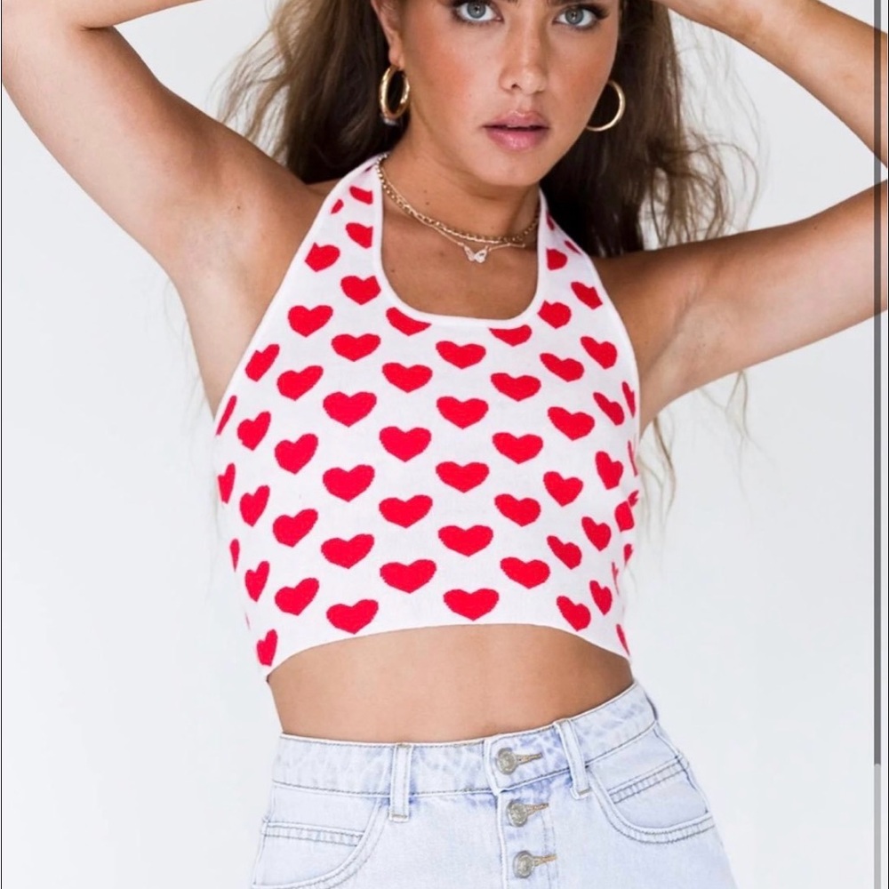 Princess Polly White Crop halter Top with Red Heart Print